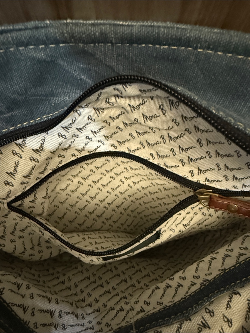 Mona B Blue Denim Crossbody with Brown Trim - Picture 5 of 6